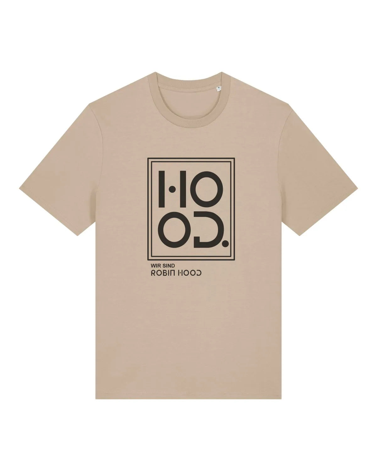 Beigefarbenes T-Shirt mit schwarzem grafischem Aufdruck und der Aufschrift 'HOOD. Wir sind Robin Hood' auf der Vorderseite, vor weißem Hintergrund.