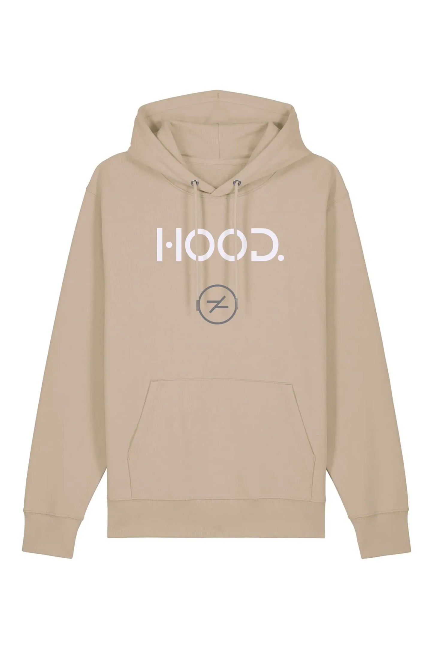 Beiger Hoodie mit der Aufschrift "HOOD." in weißer Schrift auf der Vorderseite. Darunter befindet sich ein rundes Logo mit einem stilisierten Z. Der Hoodie hat eine Kapuze und eine Kängurutasche. Der Hintergrund ist weiß.