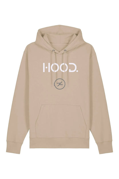 Beiger Hoodie mit der Aufschrift "HOOD." in weißer Schrift auf der Vorderseite. Darunter befindet sich ein rundes Logo mit einem stilisierten Z. Der Hoodie hat eine Kapuze und eine Kängurutasche. Der Hintergrund ist weiß.