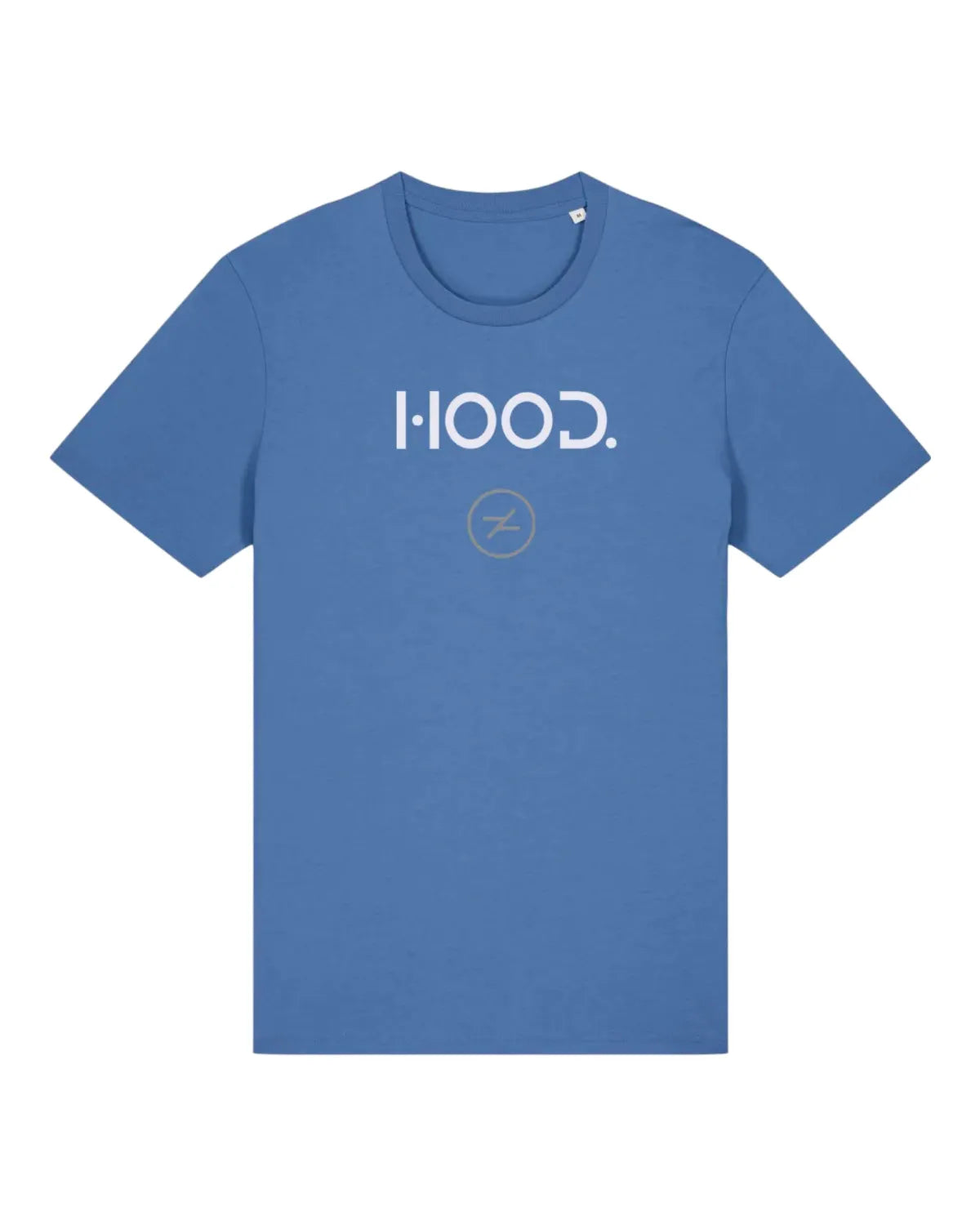 Blaues T-Shirt mit der weißen Aufschrift "HOOD." auf der Vorderseite und einem kleinen, dezenten Logo darunter, vor einem weißen Hintergrund. Das T-Shirt hat kurze Ärmel und einen klassischen Rundhalsausschnitt.