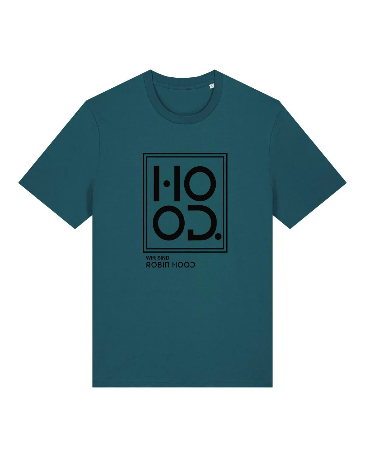 Dunkelgrünes T-Shirt mit schwarzem grafischem Aufdruck und der Aufschrift 'HOOD. Wir sind Robin Hood' auf der Vorderseite, vor weißem Hintergrund.