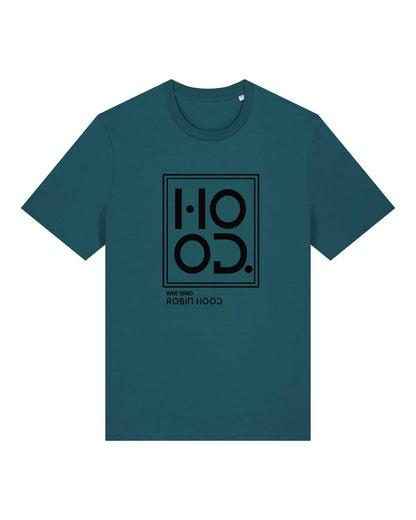 Dunkelgrünes T-Shirt mit schwarzem grafischem Aufdruck und der Aufschrift 'HOOD. Wir sind Robin Hood' auf der Vorderseite, vor weißem Hintergrund.